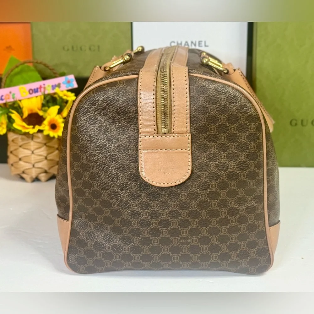 Auth CÈLINE Preowned EUC Tan and Brown Macadam Patterned Boston Bag with🔐